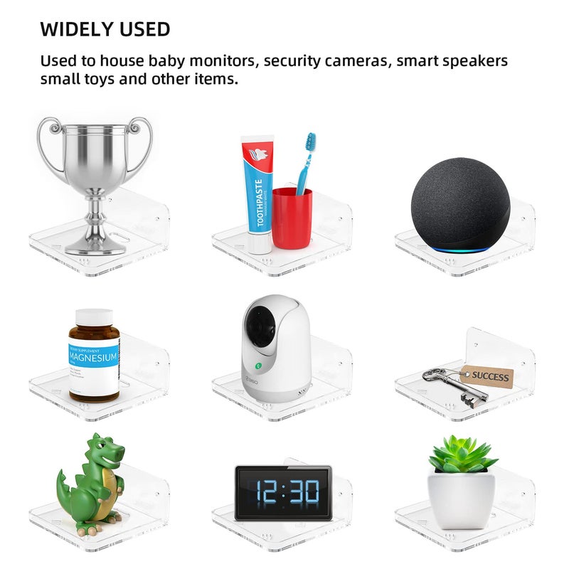 Liboer Wall Mount Floating Shelves for 2 Pcs Camera Mini Speaker Shelf Baby Monitor Wall Mount Shelf Other Small Items in Bedroom Bathroom Kitchen Living Room Clear Mini Shelf Flexible Use for Wall Space - Image 5